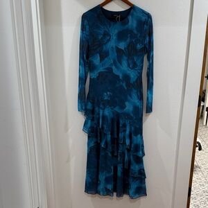 Chic Teal Floral Long Sleeve Dress